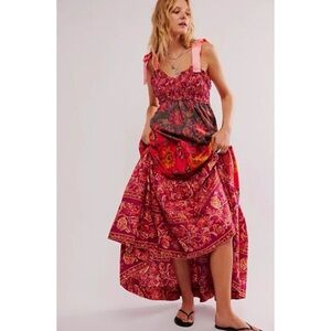 Free People Bluebell Boho Maxi Dress Ribbon Straps Floral Magenta Combo